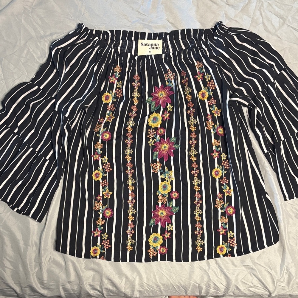 Savanna Jane Black and White Striped Off-Shoulder Top with Floral Embroidery